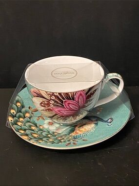 Grace Teaware Peacock Teacup and Saucer Set - Turquoise and Pink NEW